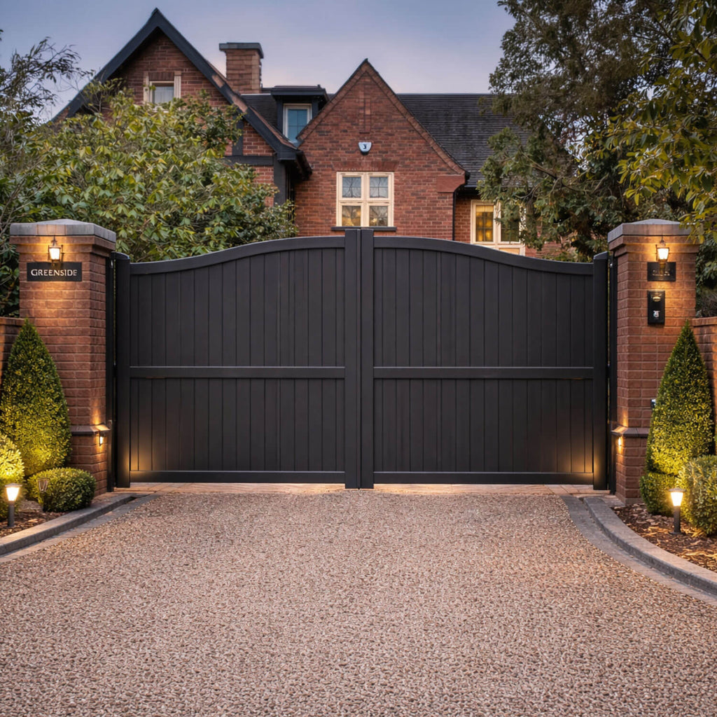Aluminium Bell-Curved Vertical Infill Double Driveway Gate | Readymade ...