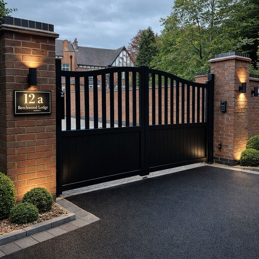 Aluminium Bell-Curved Semi-Privacy Vertical Infill Double Driveway Gate – Readymade Gates